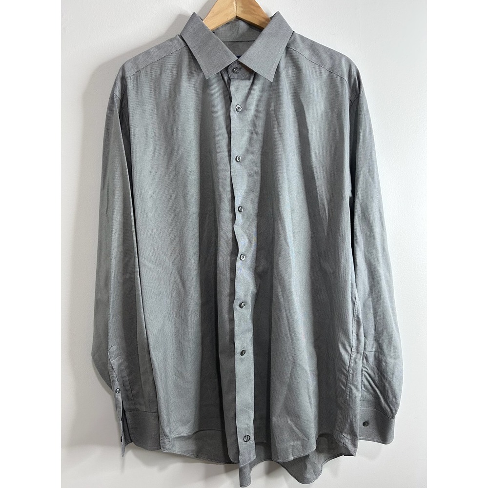 David Donahue Mens Long Sleeve Dress Shirt 18 36/37 Gray White Micro Pattern